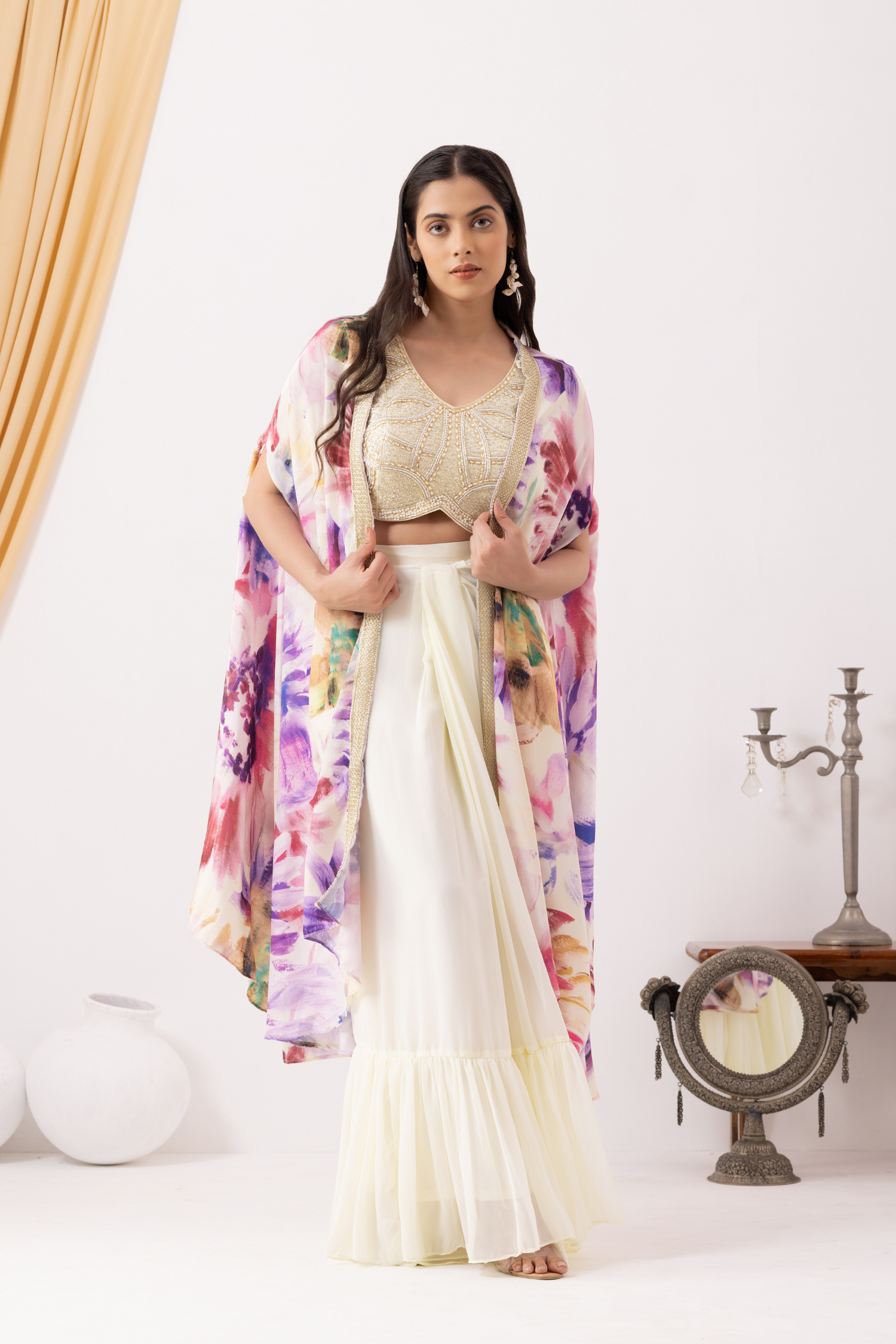 White Ruffle Drape Skirt with Crop Top &amp; Floral Print Cape Set