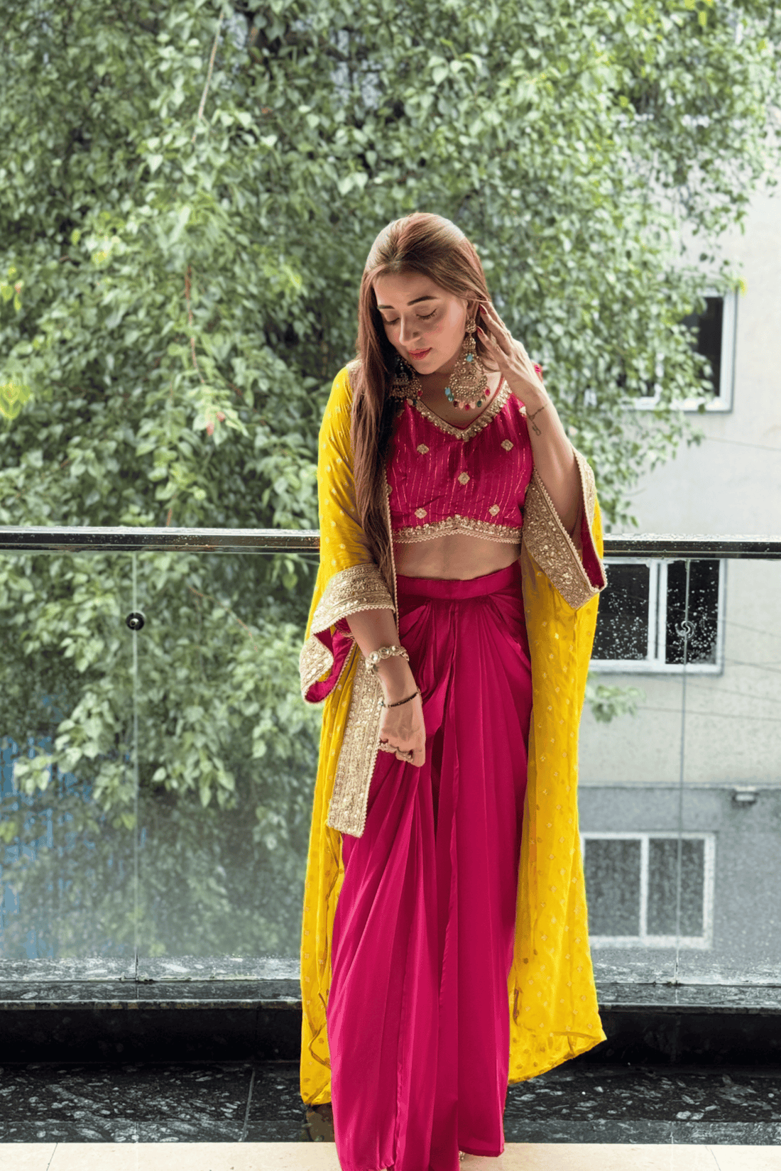 Magenta Draped Skirt Set with Embellished Blouse &amp; Yellow Cape