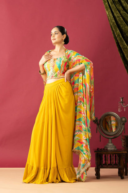 Mustard Yellow Cowl Skirt Set with Multicolor Cape