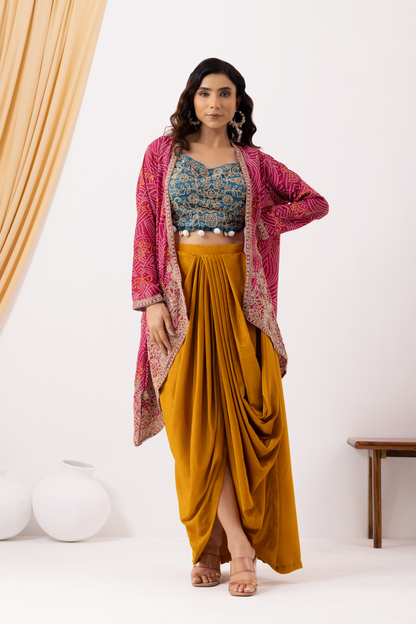 Yellow Draped Fusion Set with Bandhej Cape Set