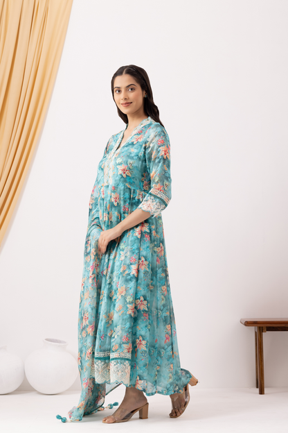 Turquoise Crepe Printed &amp; Hand Embroidered Anarkali Set