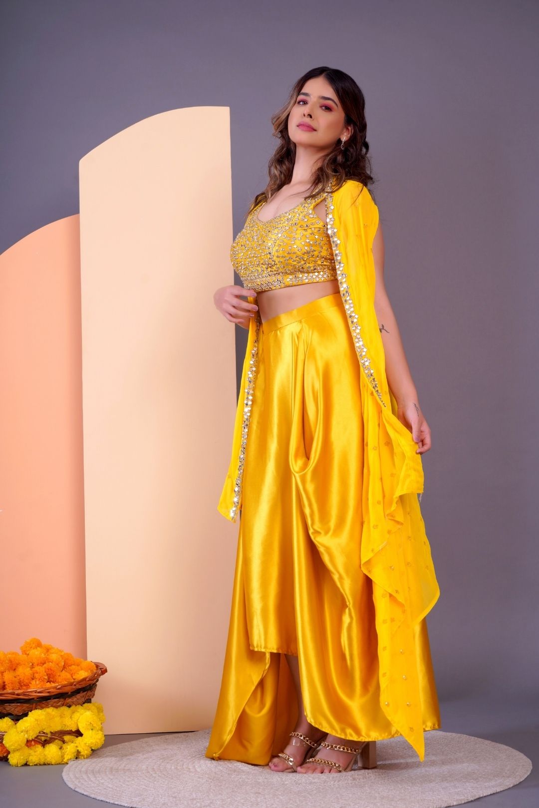 Yellow Mirror Work Dhoti Style Set in