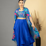 Blue Asymmetric Dhoti Skirt With Cape & Blouse