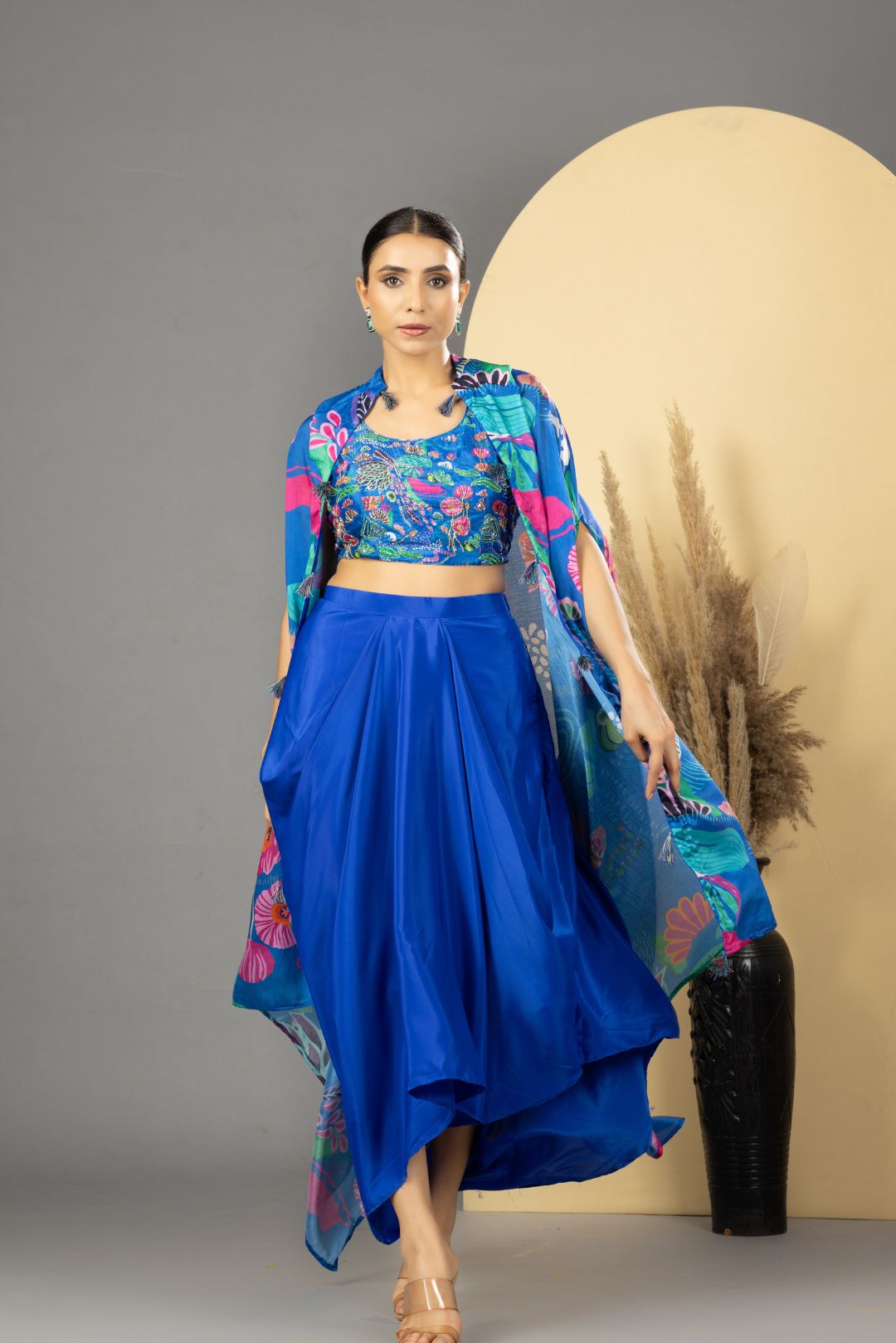 Blue Asymmetric Dhoti Skirt With Cape &amp; Blouse