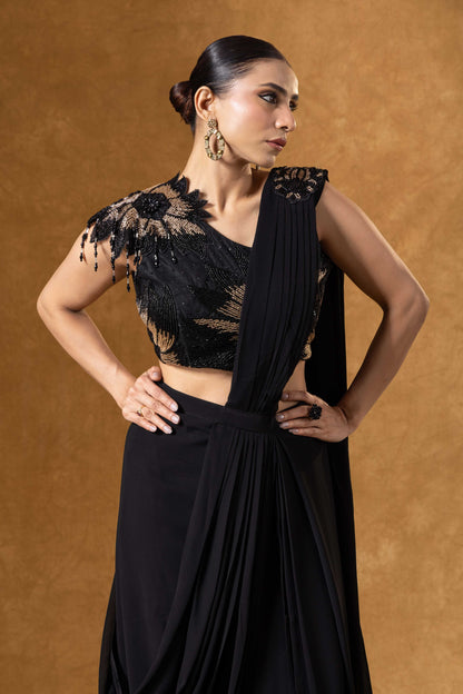 Noir Muse One-Shoulder Black Saree Ensemble
