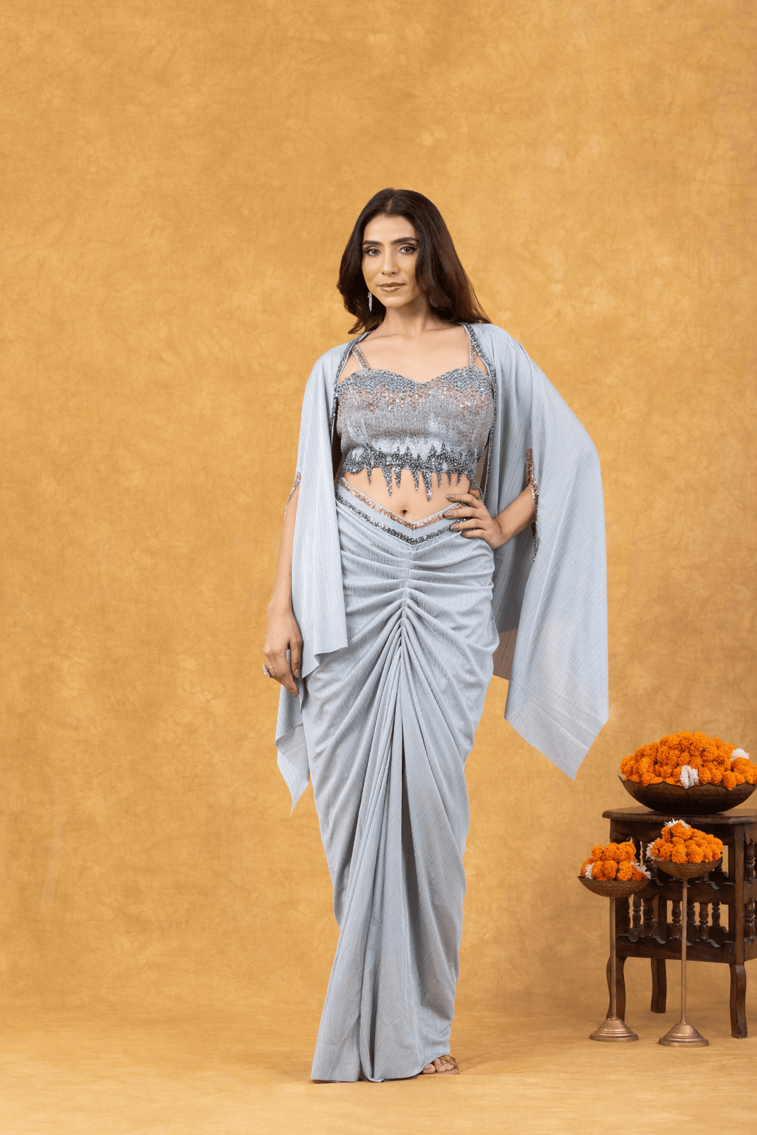 Ice Blue Mist Draped with Sequined Bustier & Cape