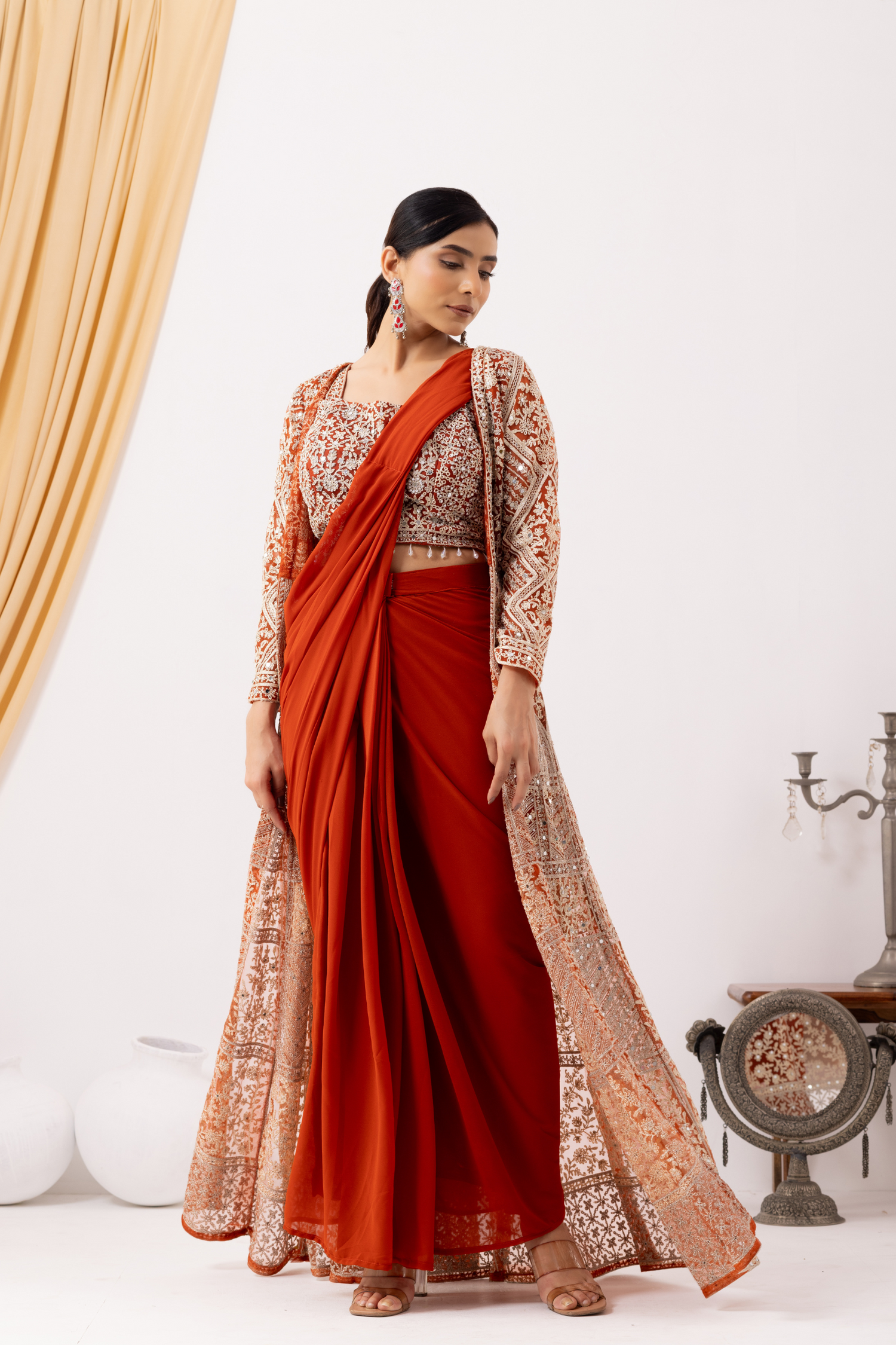 Rust Gold Draped Saree with Heavy Embroidered Shrug &amp; Blouse