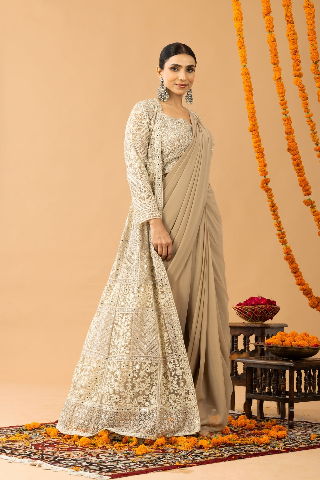 Beige Gold Draped Saree with Heavy Embroidered Shrug &amp; Blouse