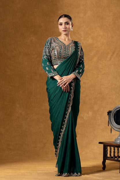 Bottle Green Hand Embroidered Saree Set