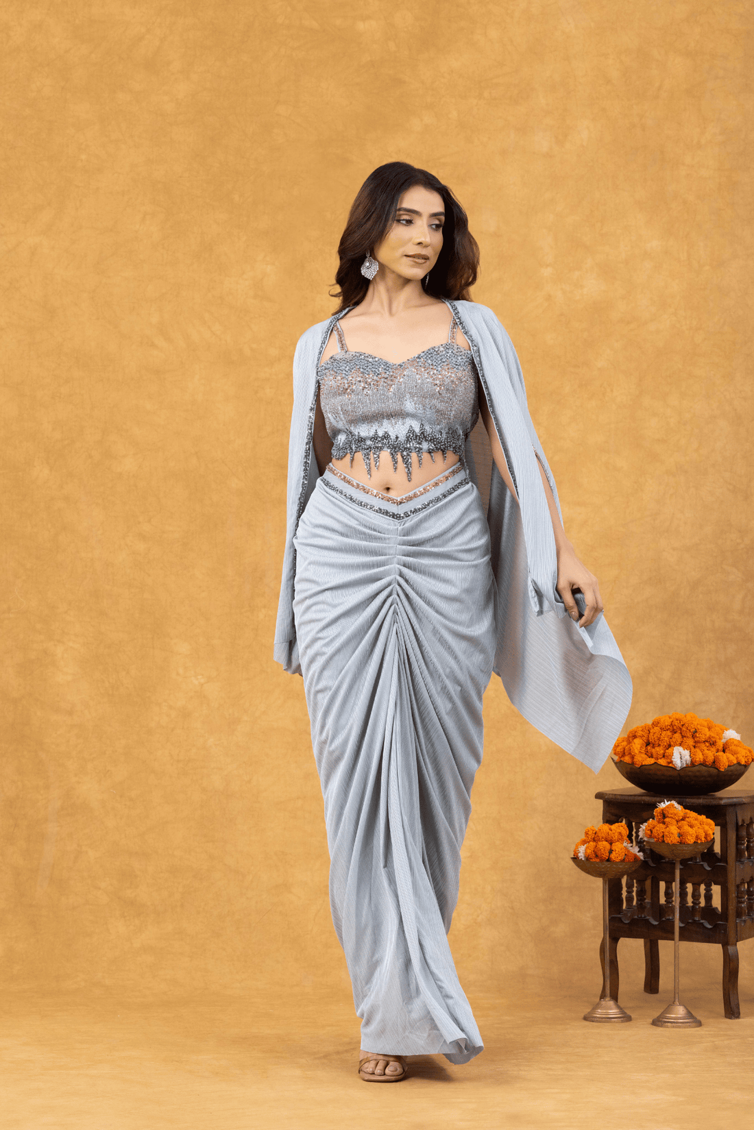 Ice Blue Mist Draped with Sequined Bustier &amp; Cape