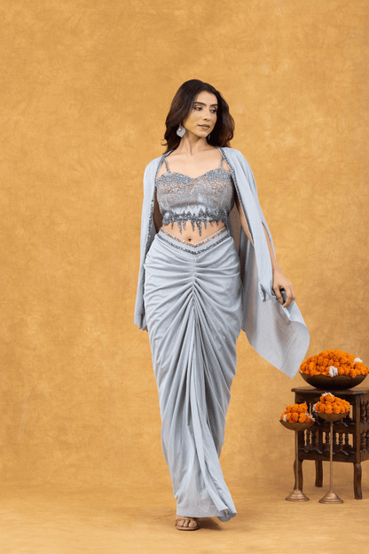 Ice Blue Mist Draped with Sequined Bustier &amp; Cape