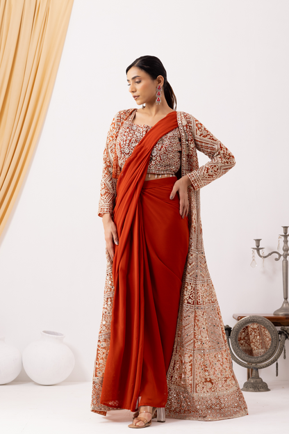 Rust Gold Draped Saree with Heavy Embroidered Shrug &amp; Blouse