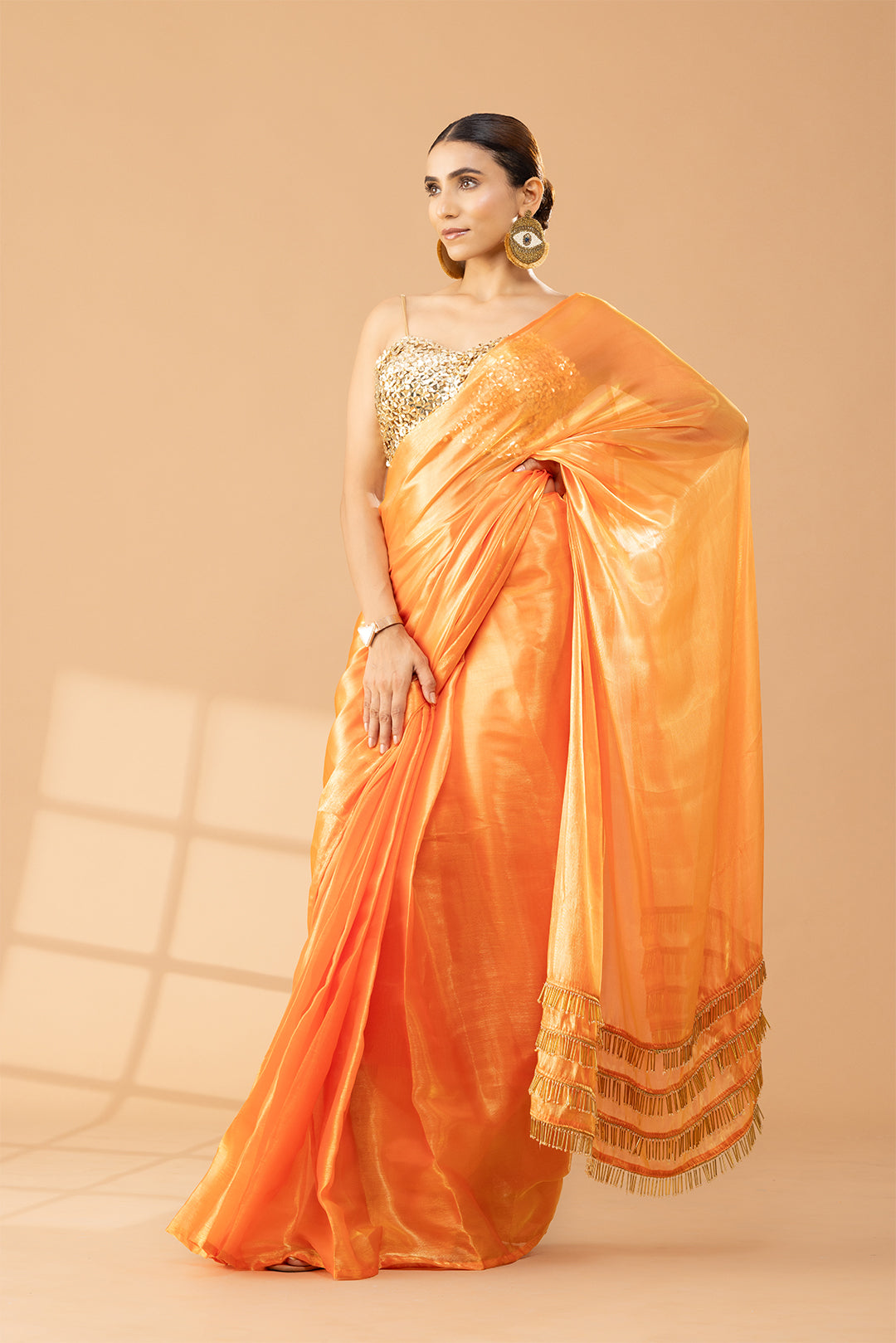 Tangerine Shimmer &amp; Shine Chiffon Saree