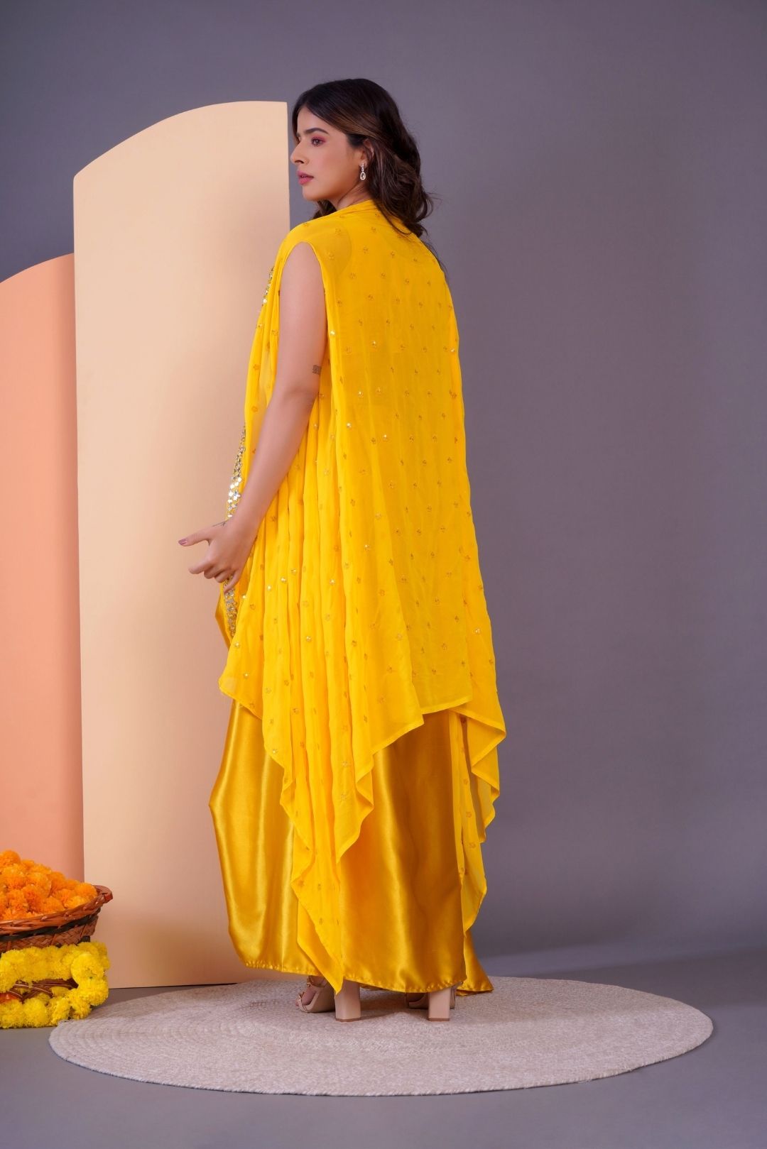 Yellow Mirror Work Dhoti Style Set in