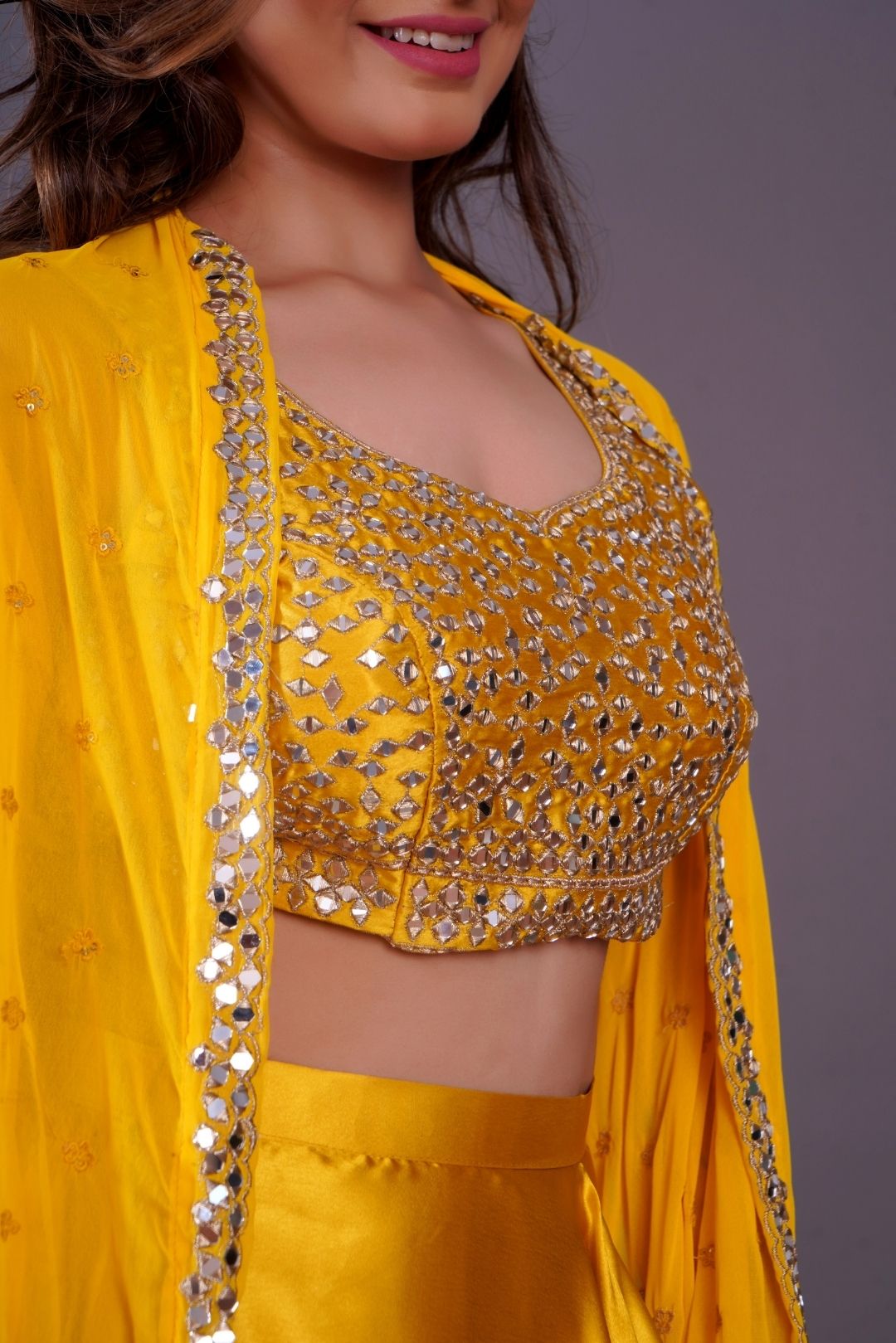 Yellow Mirror Work Dhoti Style Set in