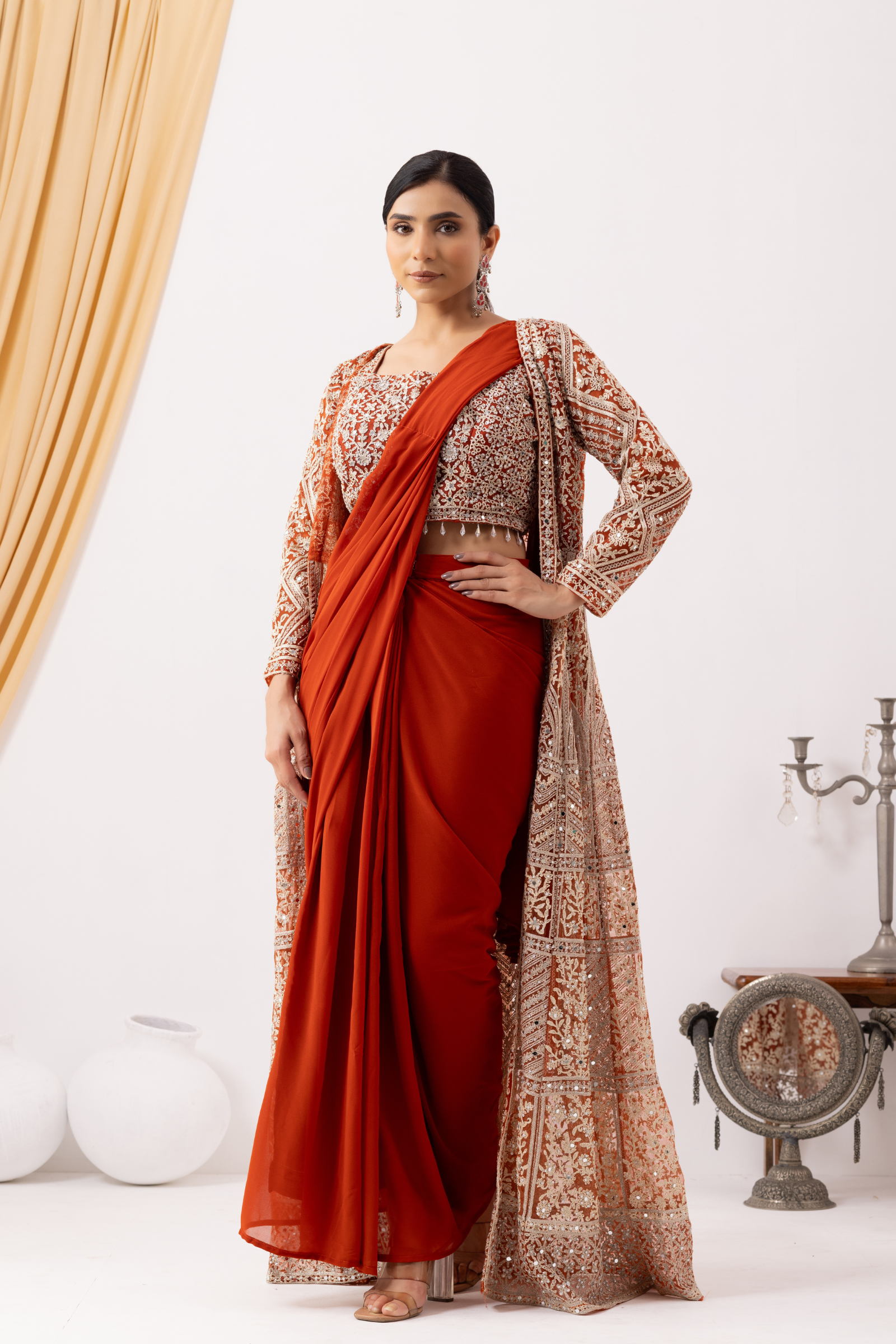 Rust Gold Draped Saree with Heavy Embroidered Shrug &amp; Blouse