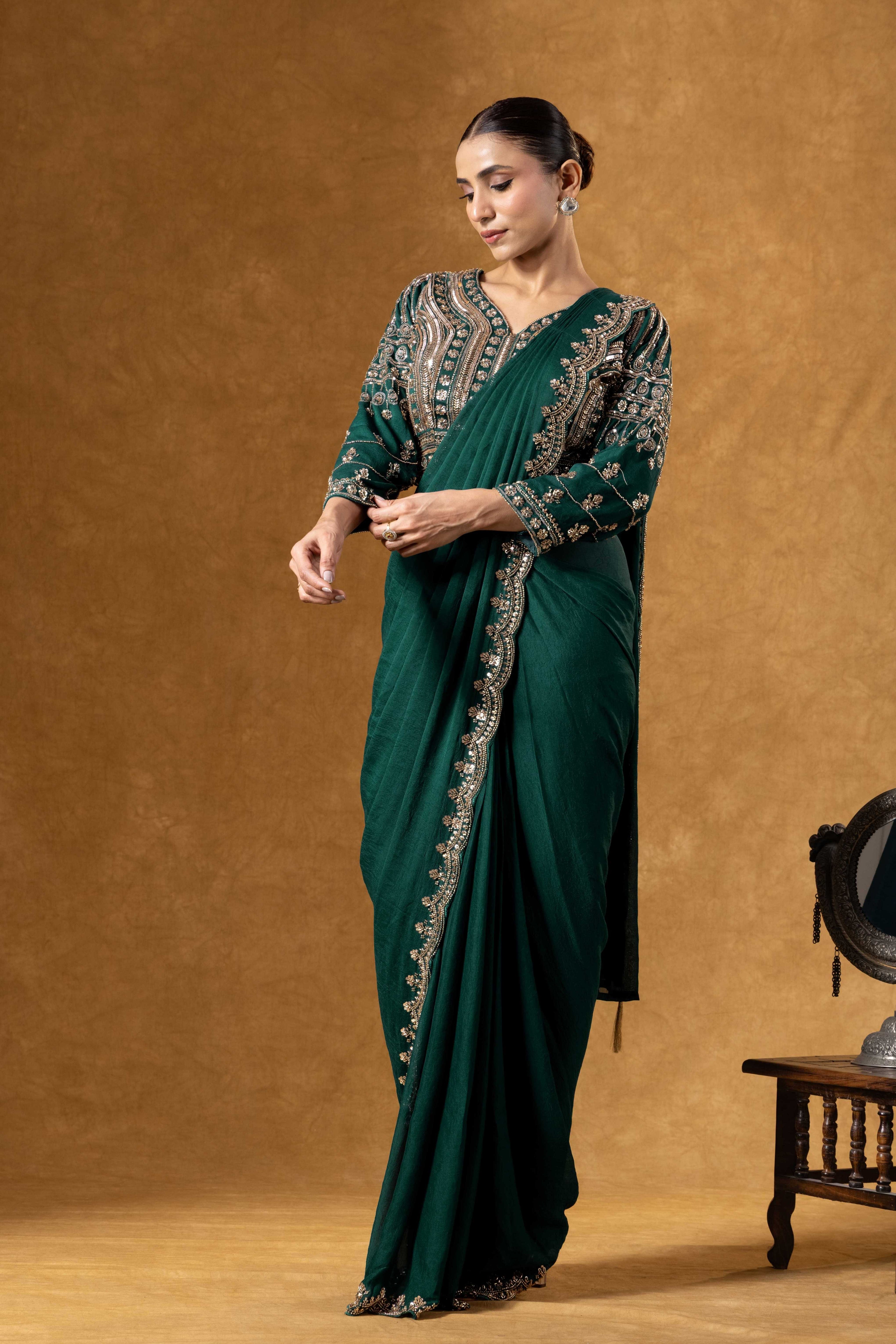 Bottle Green Hand Embroidered Saree Set