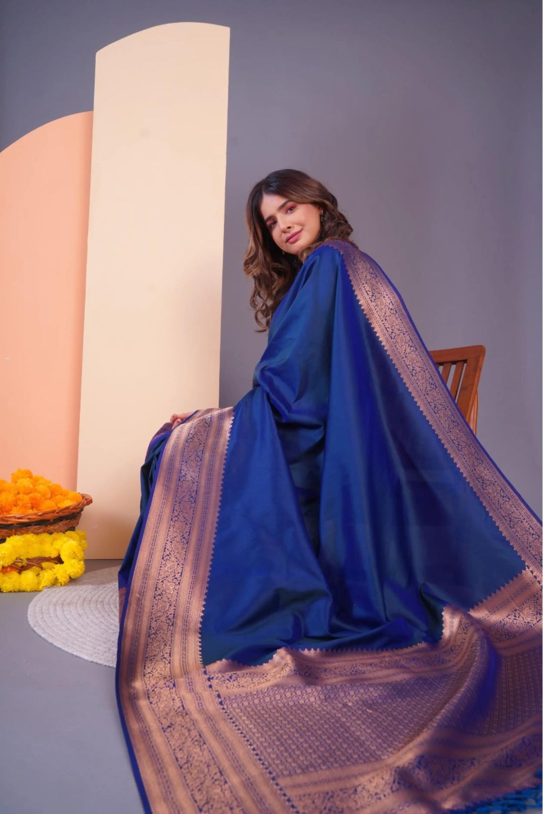 Turquoise Silk Saree With Zari Border &amp; Matching Blouse