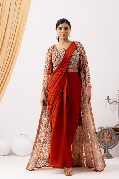 Rust Gold Draped Saree with Heavy Embroidered Shrug &amp; Blouse