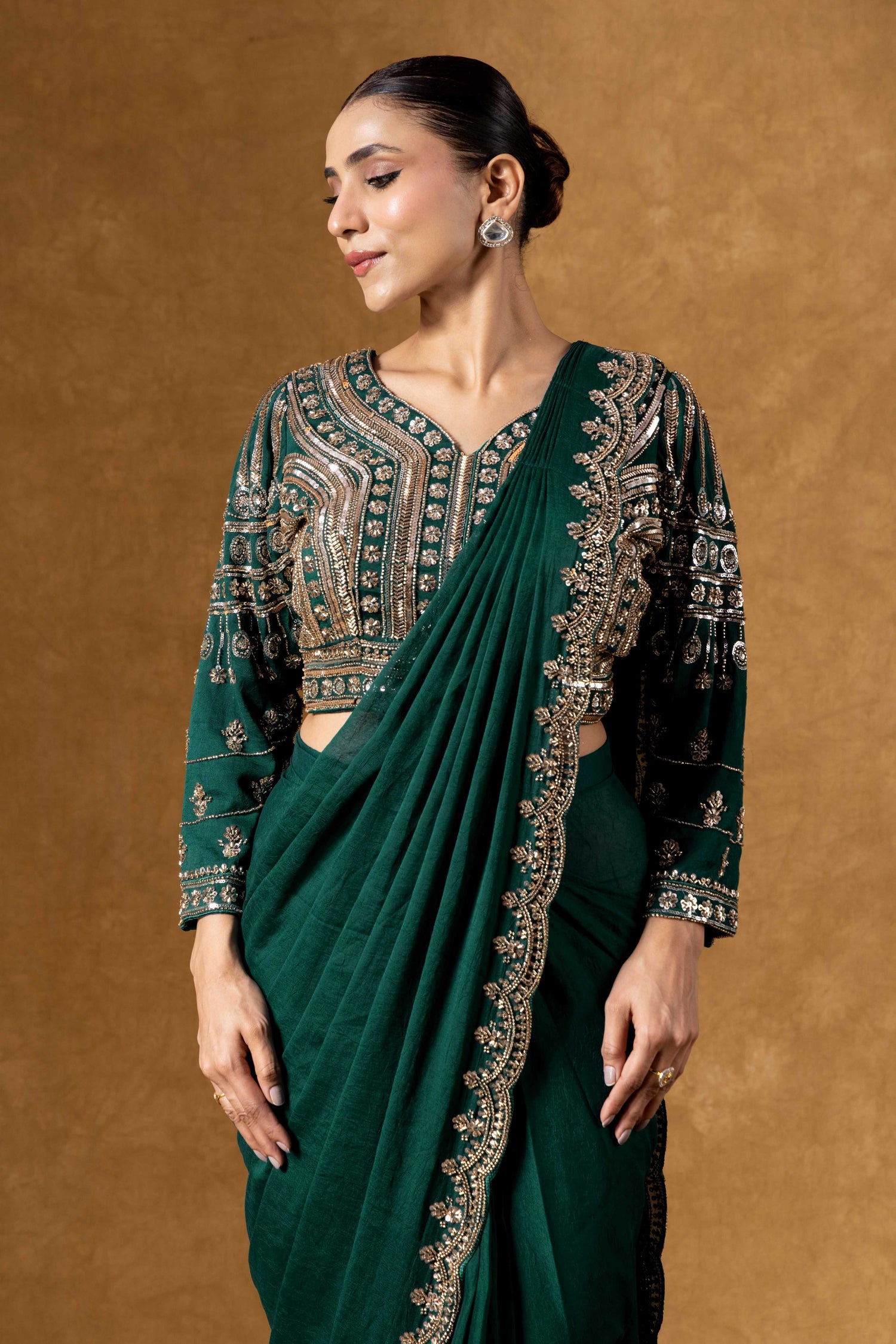 Bottle Green Hand Embroidered Saree Set