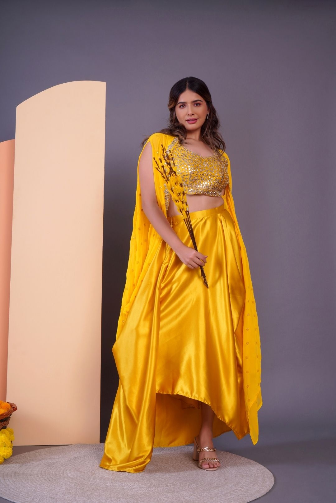 Yellow Mirror Work Dhoti Style Set in