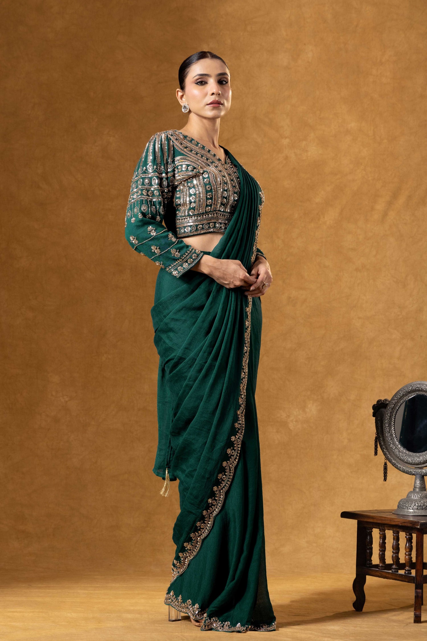 Bottle Green Hand Embroidered Saree Set