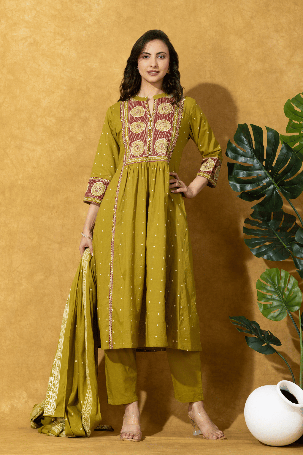 Olive Green Printed Anarkali Suit Set