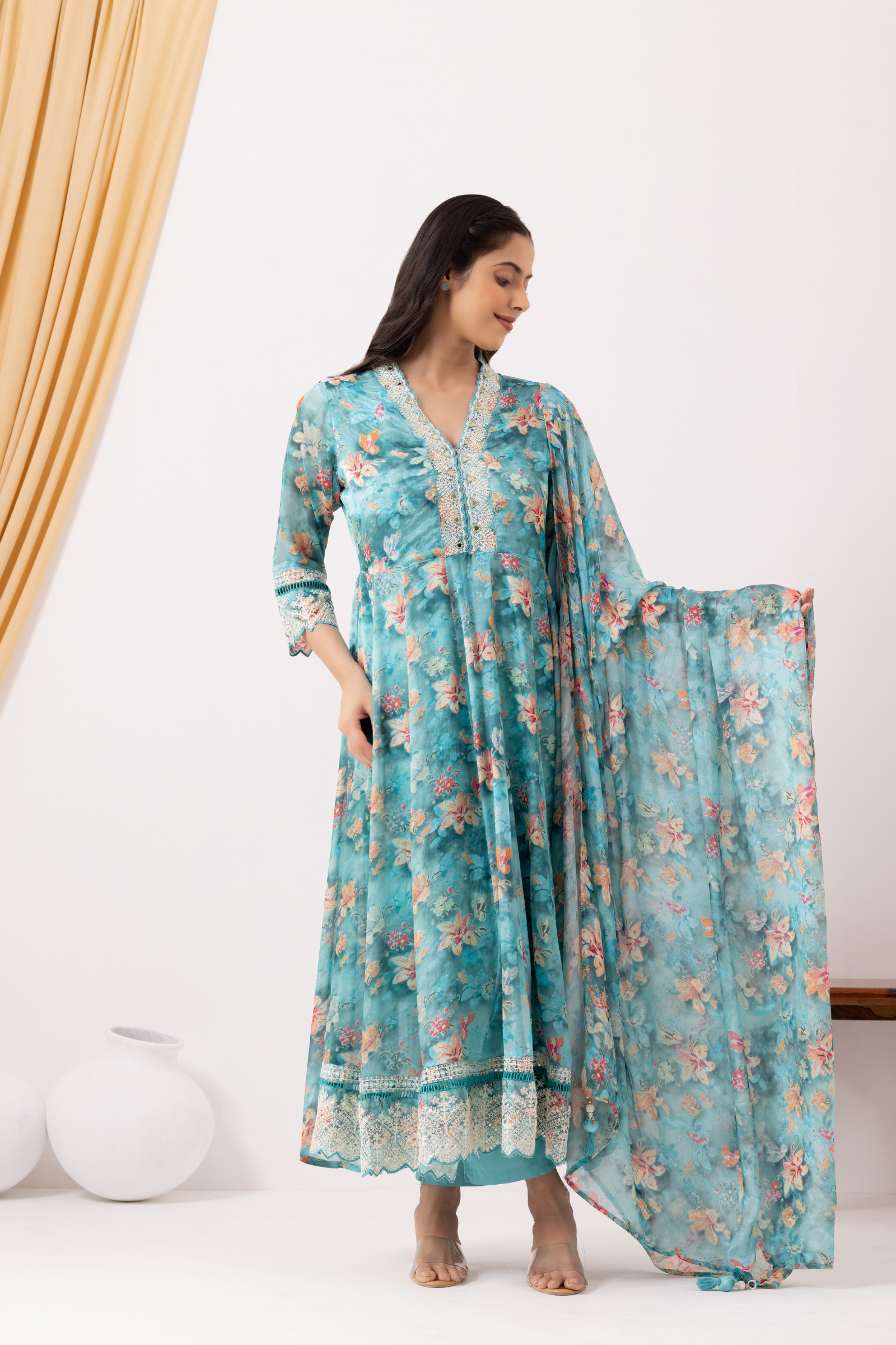 Turquoise Crepe Printed &amp; Hand Embroidered Anarkali Set