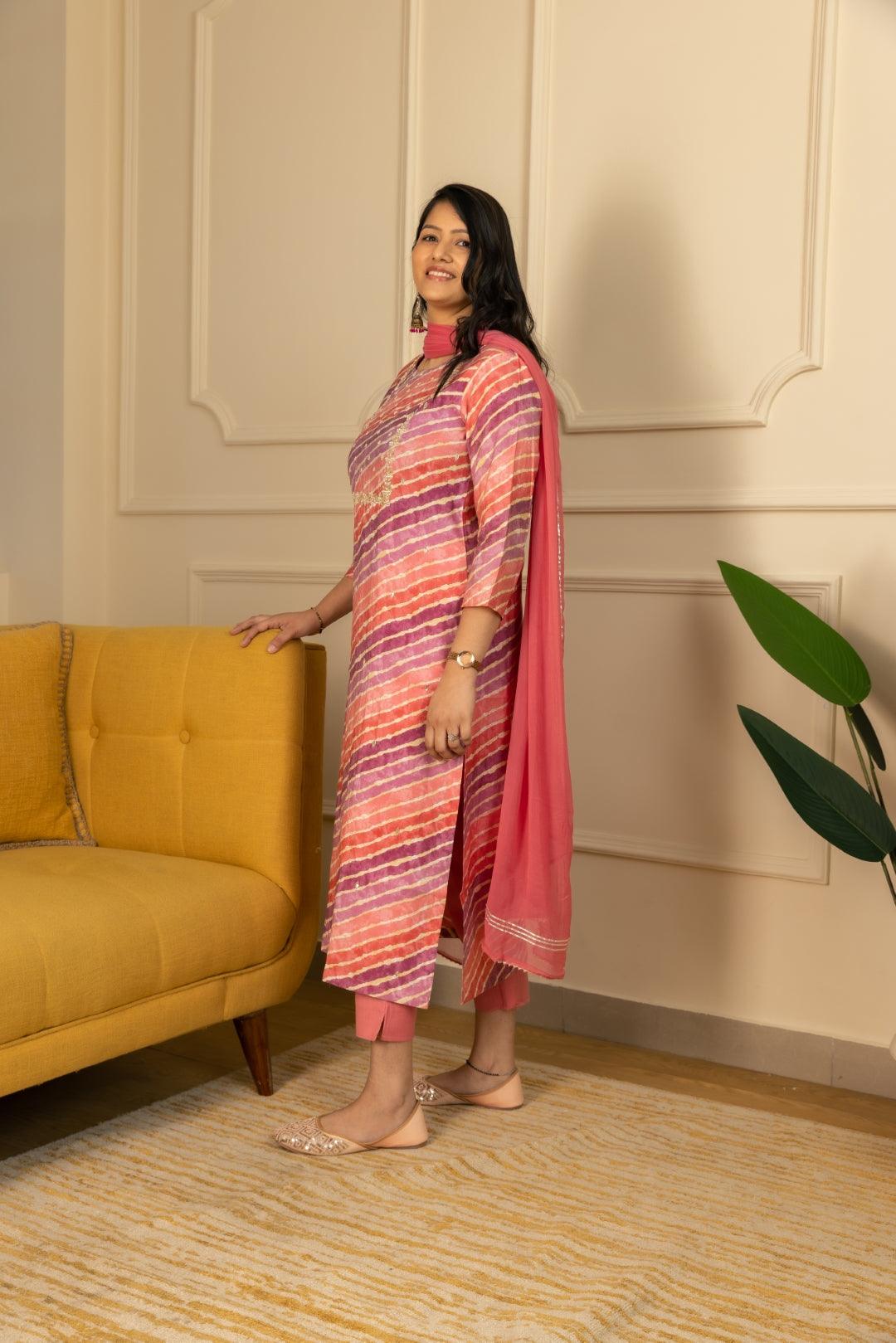 Peach And Mauve Leheriya  Modal Silk Kurta Pant Set With Dupatta