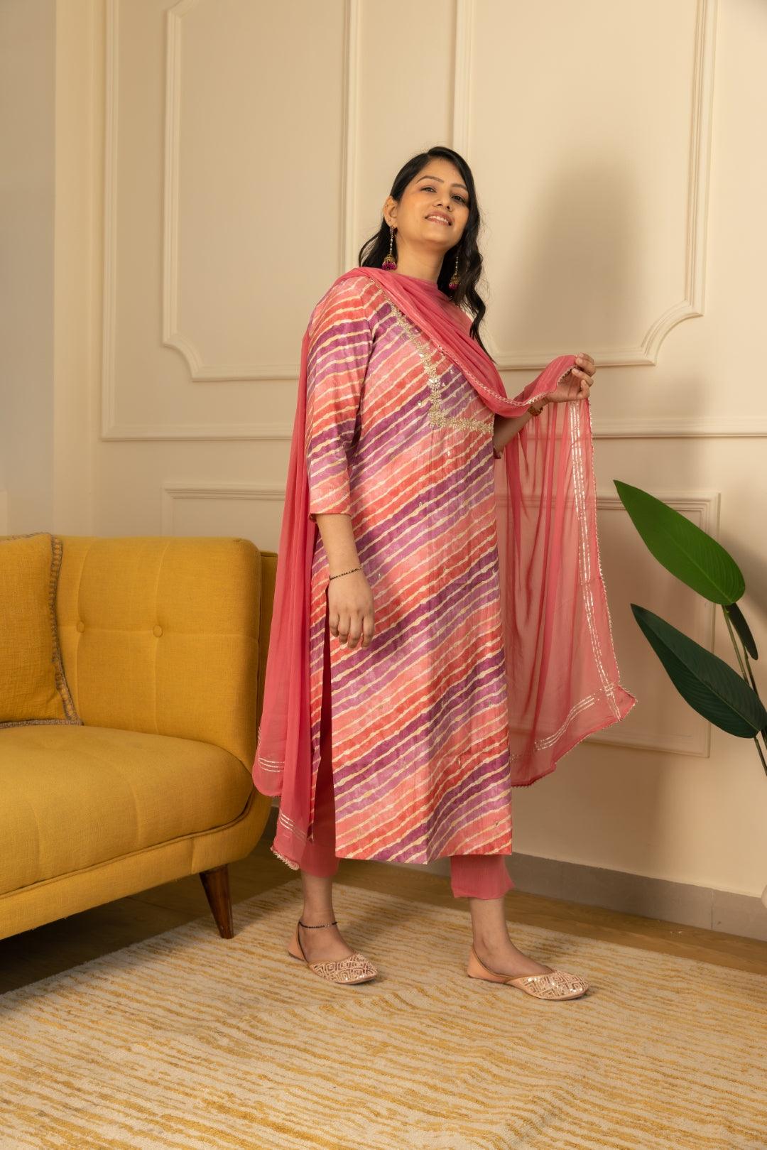 Peach And Mauve Leheriya  Modal Silk Kurta Pant Set With Dupatta
