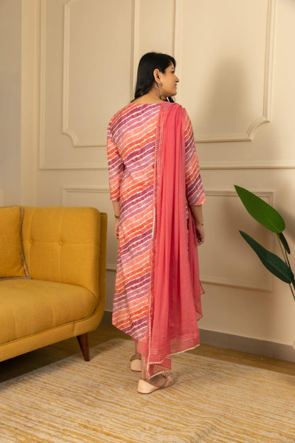 Peach And Mauve Leheriya  Modal Silk Kurta Pant Set With Dupatta