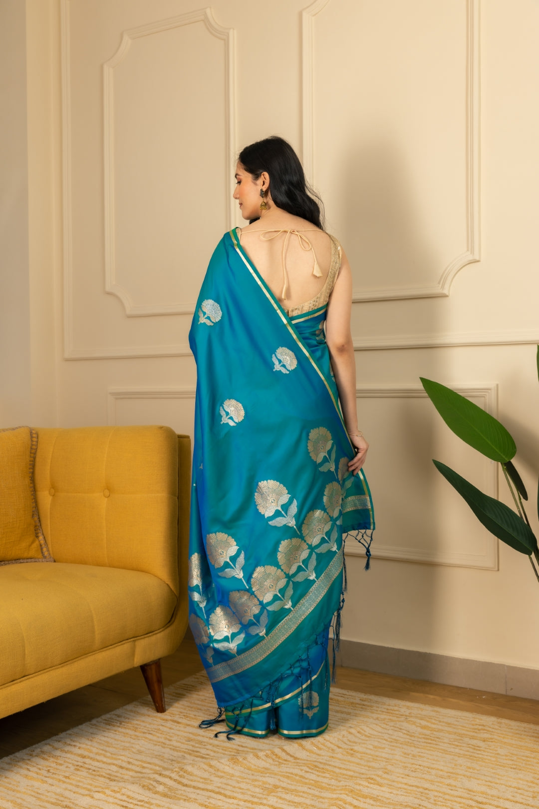 Turquoise Satin Silk With Zari Woven Buta Work.