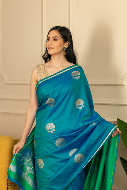 Turquoise Satin Silk With Zari Woven Buta Work.