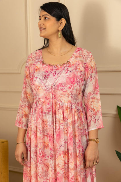 Pink Printed Chiffon Jacket Blouse Plazo Set