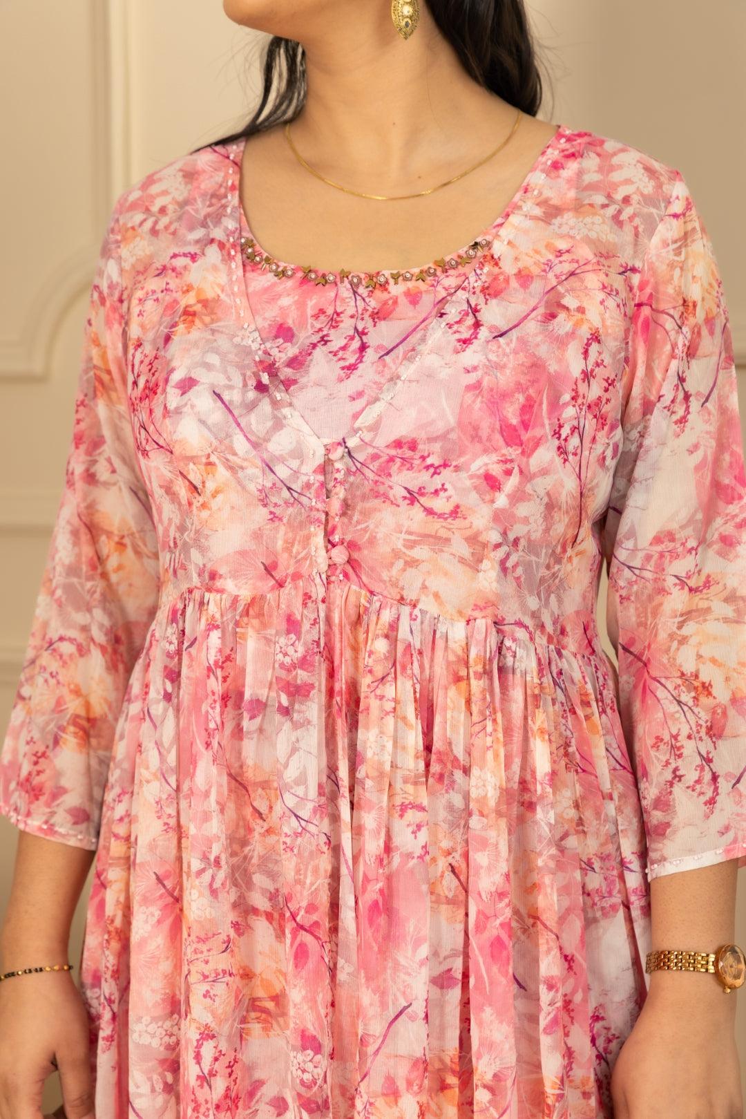 Pink Printed Chiffon Jacket Blouse Plazo Set