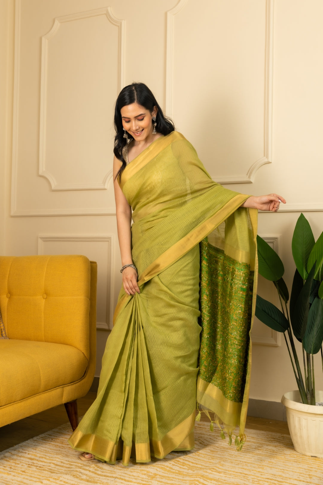 Mint Green Pure Linen Saree.