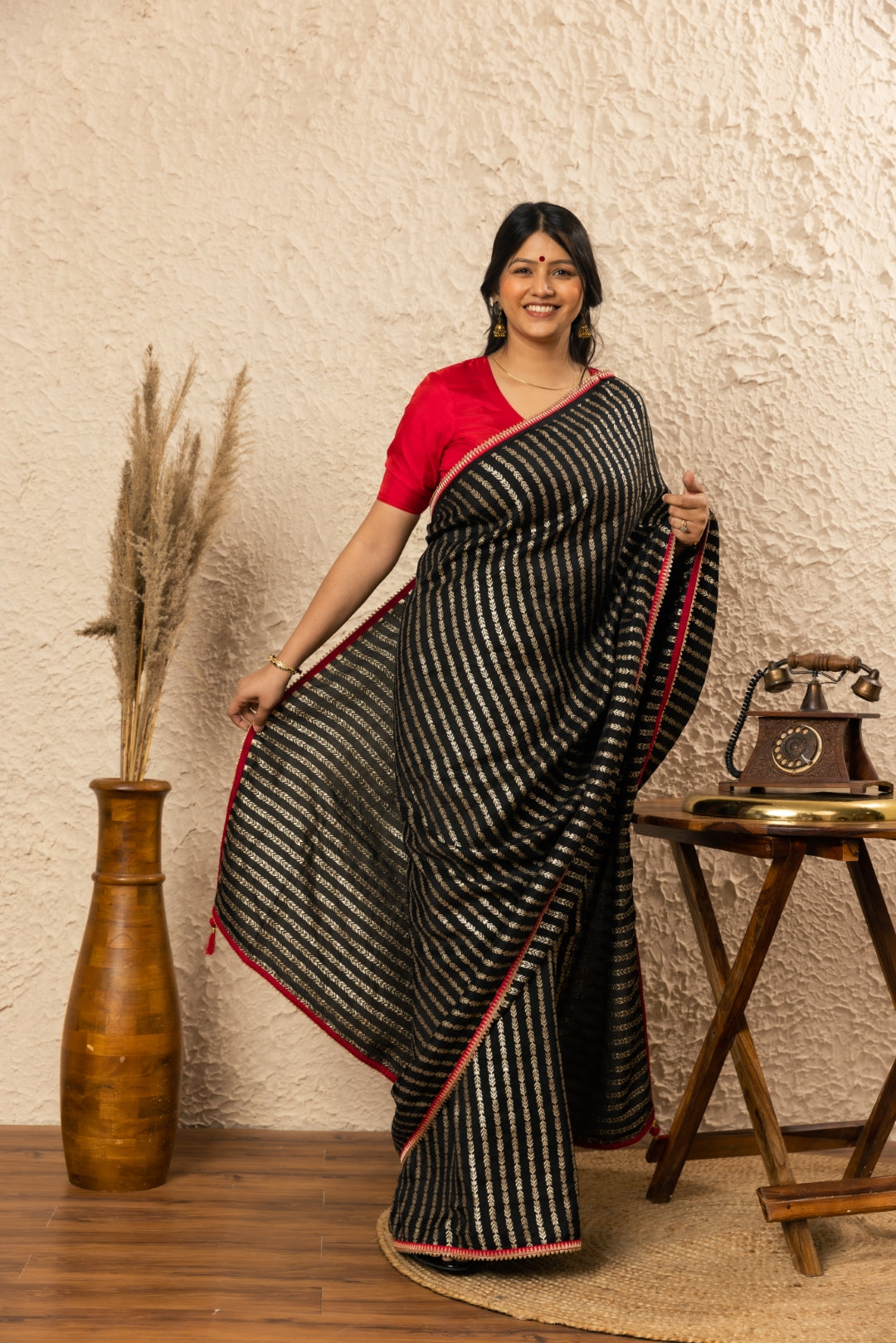 Midnight Black Zari Butta Woven Satin Silk Saree | Kolour