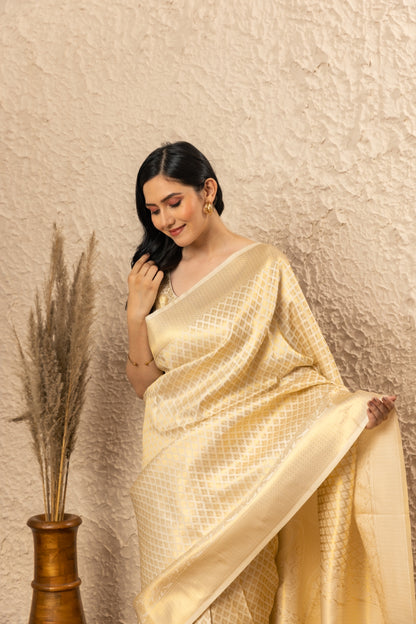 Beige Woven Zari Kanjeevaram Saree.