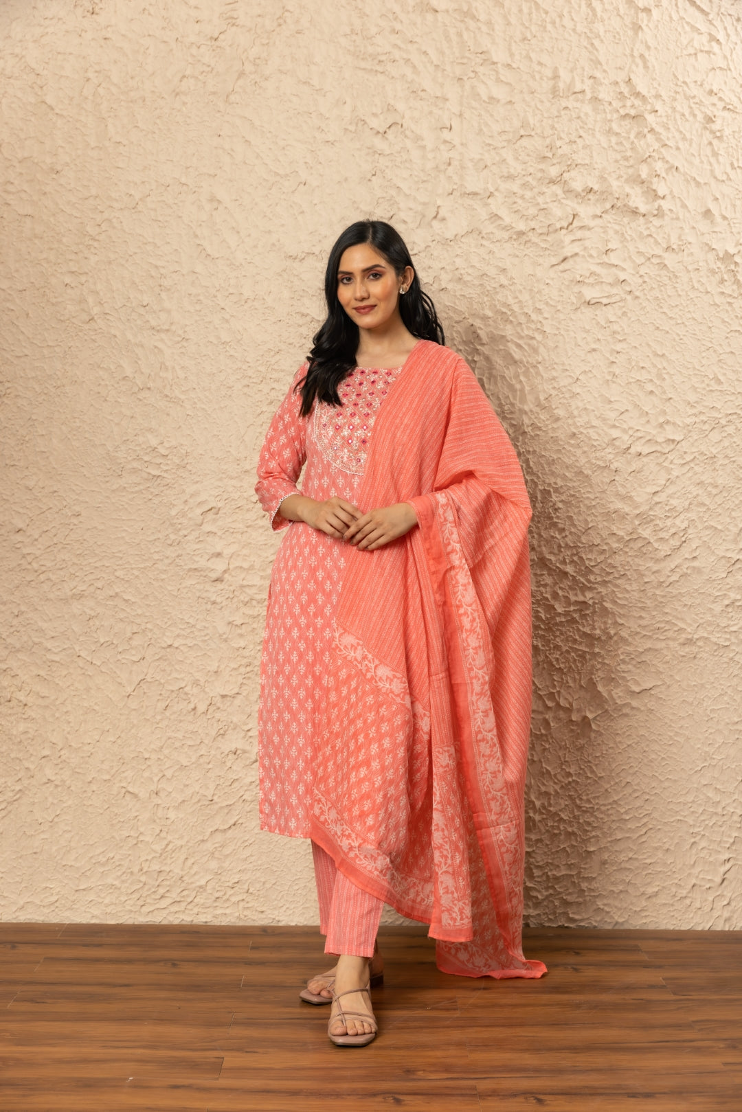 Peach Cotton Printed Suit Set