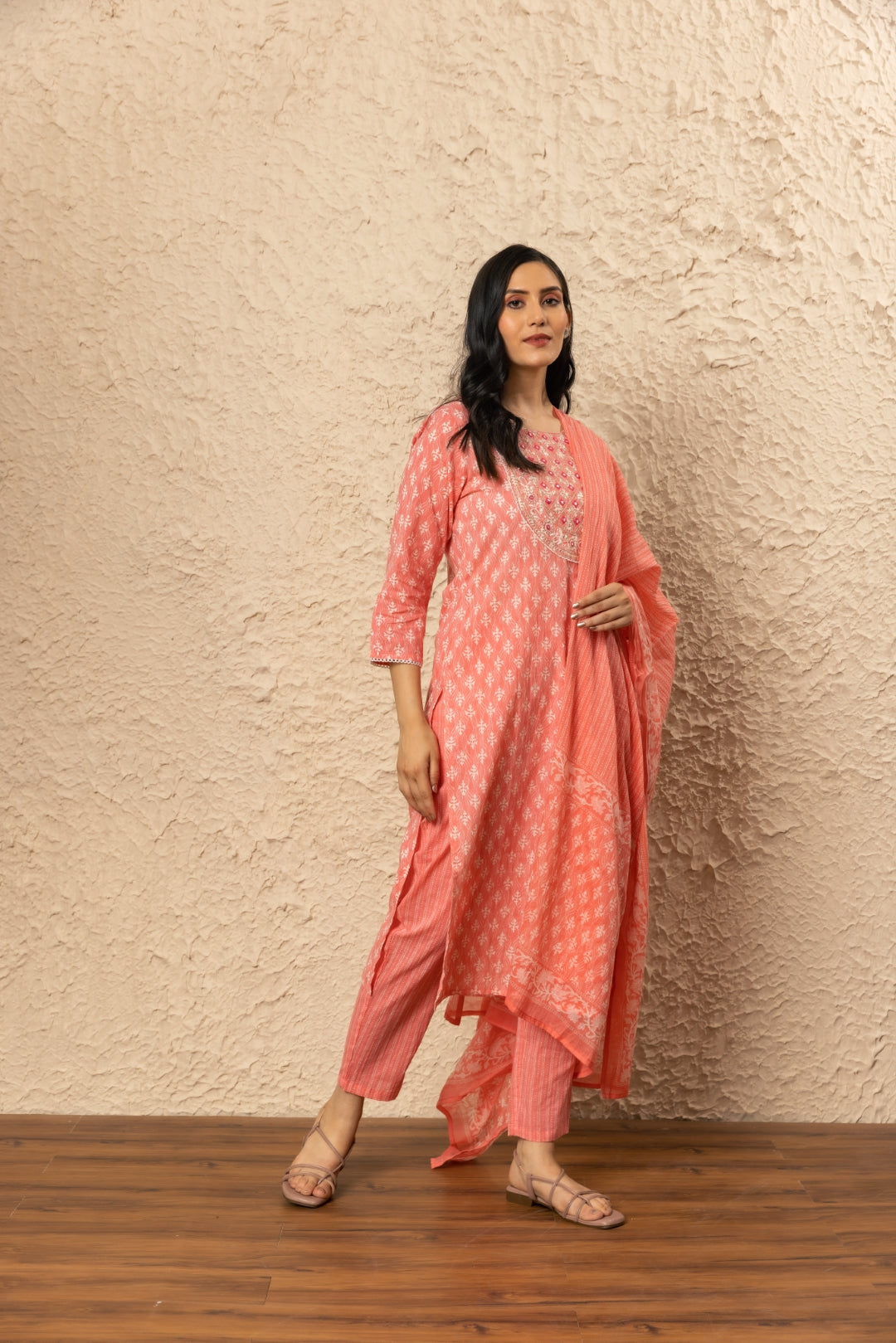 Peach Cotton Printed Suit Set