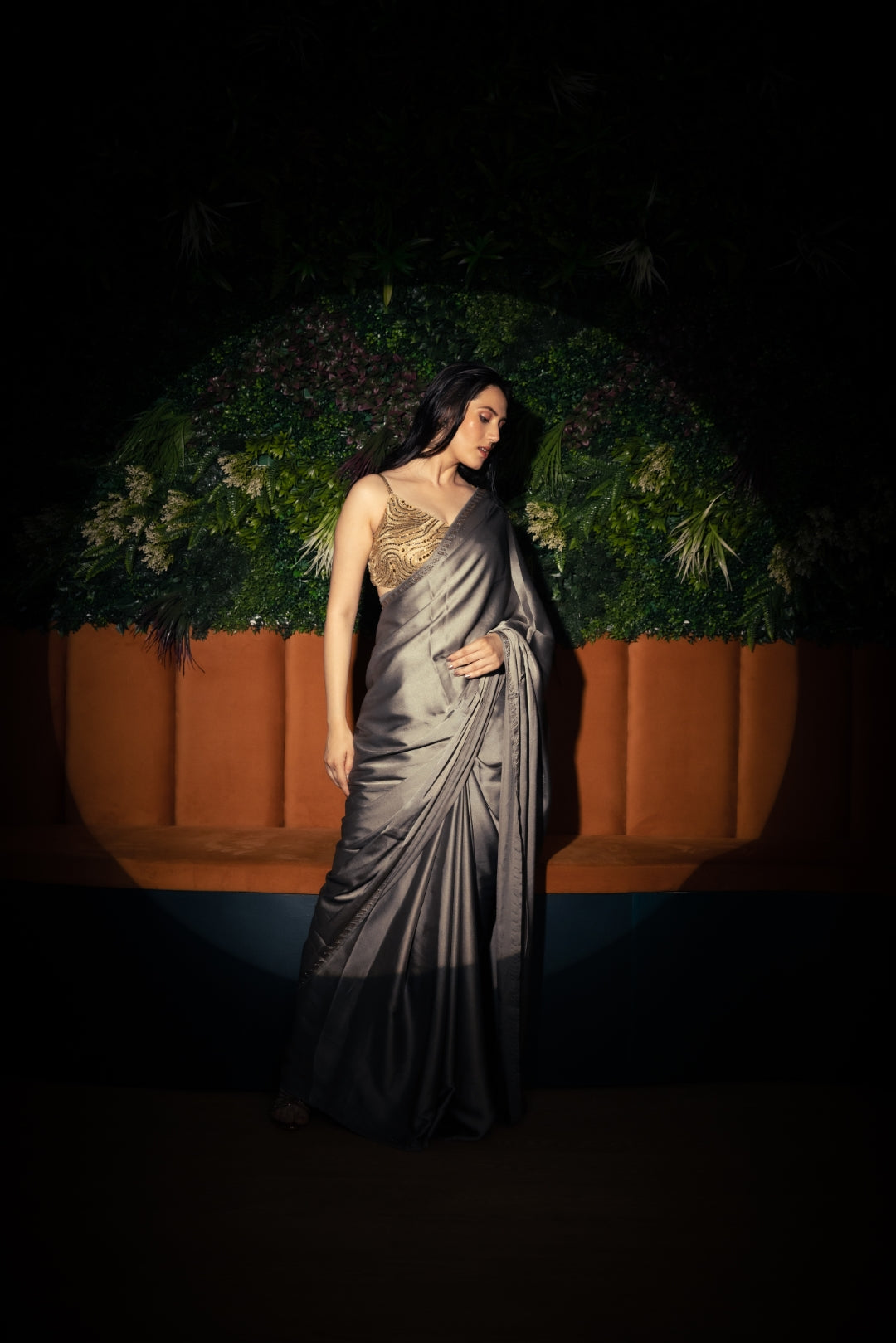 Grey Satin Saree With Black Swarovski.