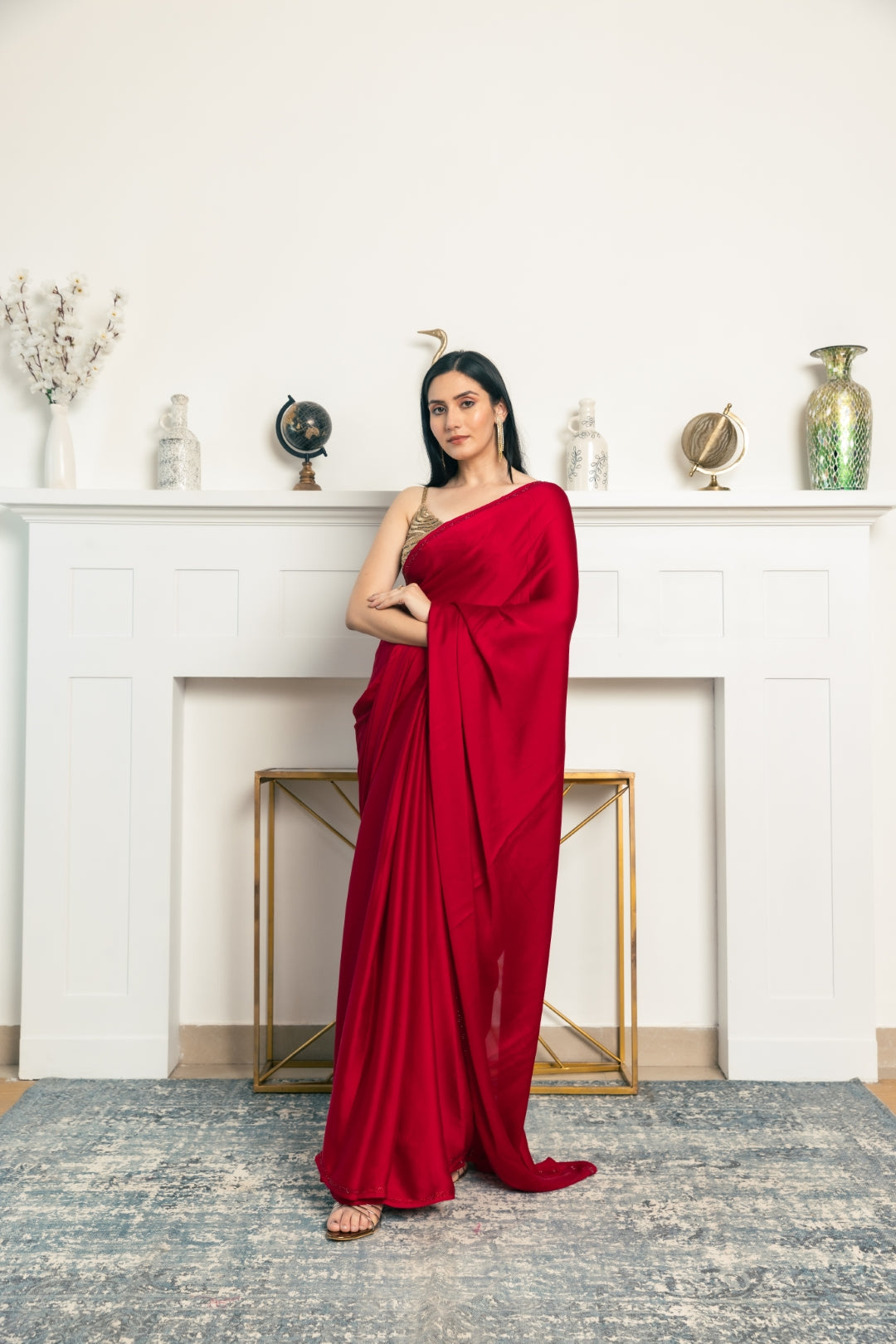 Buy Swtantra Red Satin Saree with Unstitched Blouse online