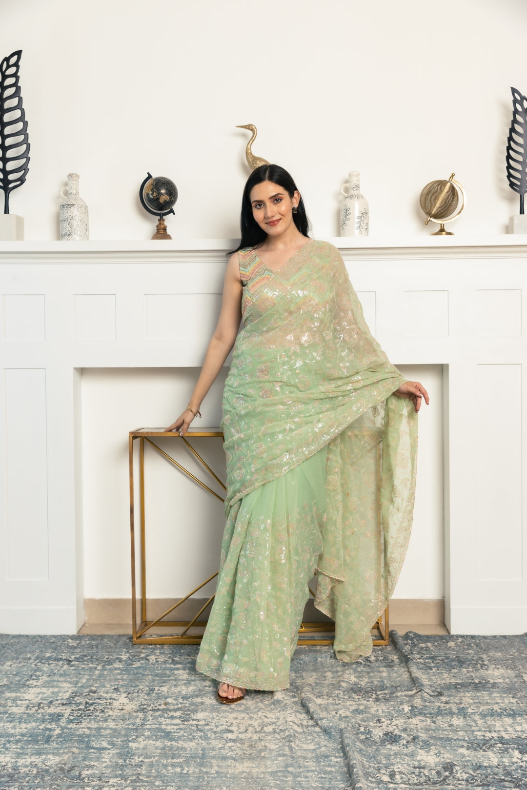 Burberry Chiffon Mint Green Saree.