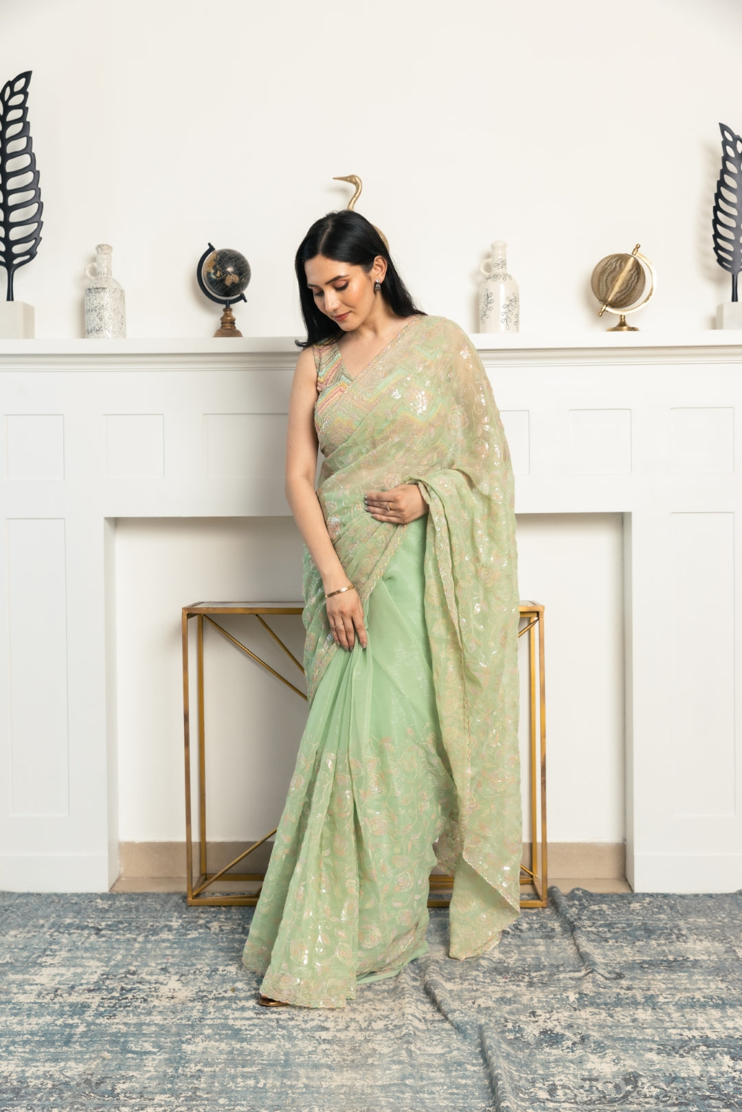 Mint Green Silk Saree With Designer Blouse – STORI