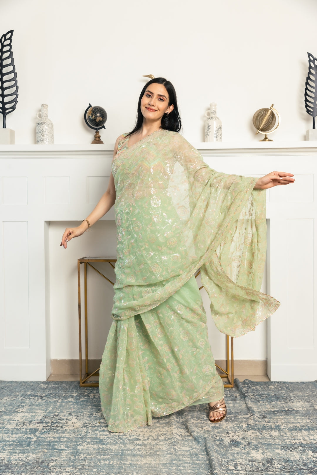 Burberry Chiffon Mint Green Saree.