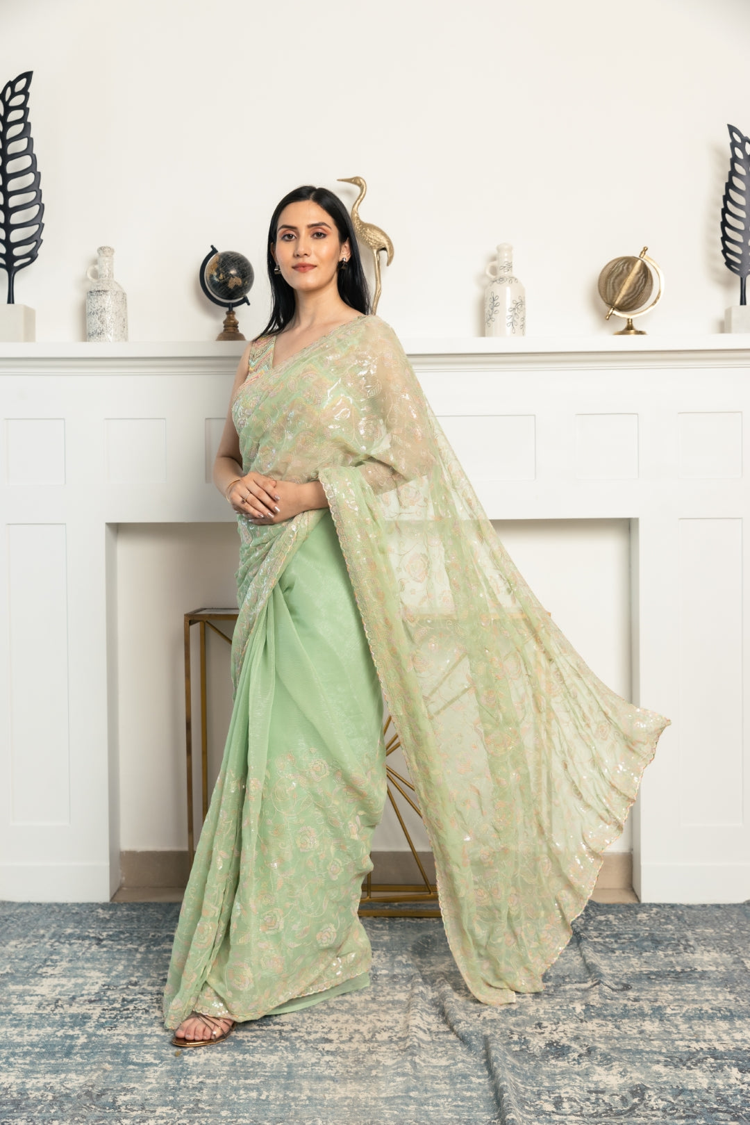 Burberry Chiffon Mint Green Saree.