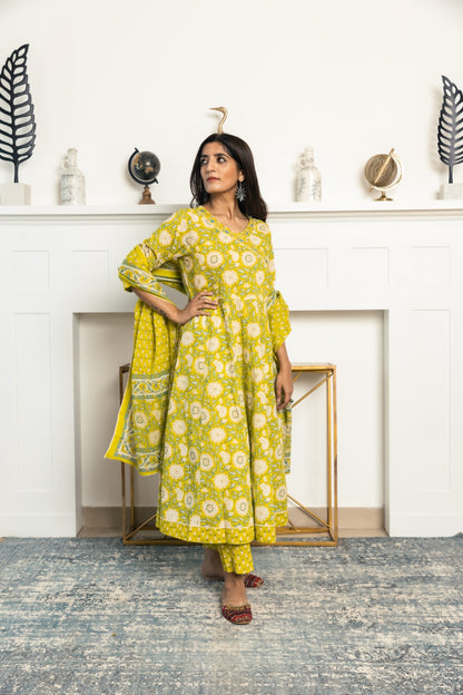 Green Floral Print Angrakha Kurta With Pants &amp; Dupatta.