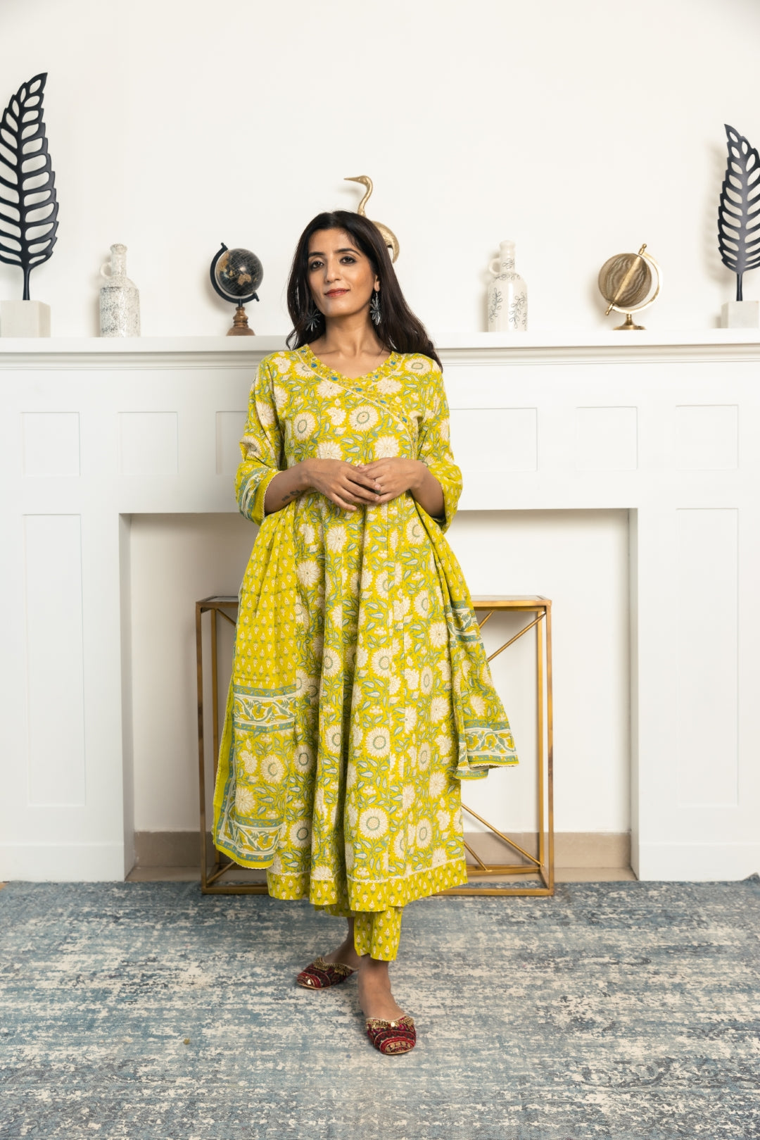 Green Floral Print Angrakha Kurta With Pants &amp; Dupatta.