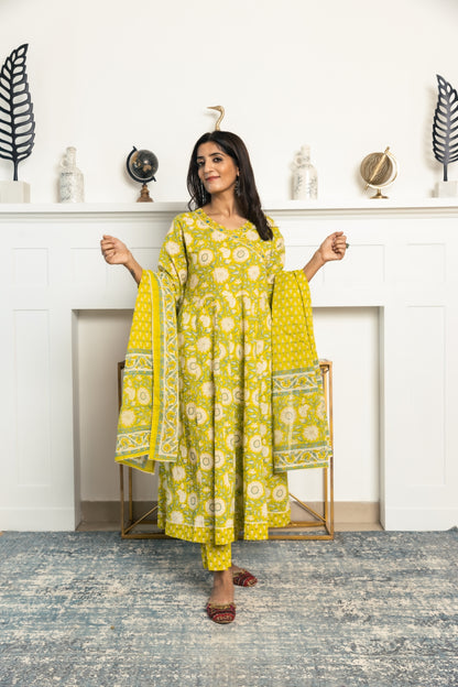 Green Floral Print Angrakha Kurta With Pants &amp; Dupatta.