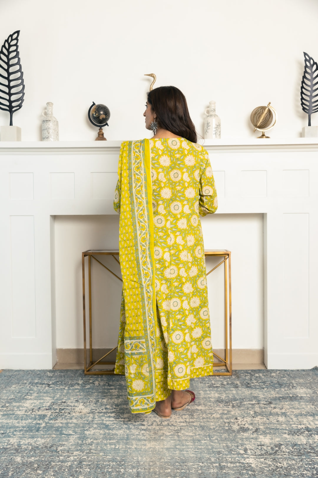 Green Floral Print Angrakha Kurta With Pants &amp; Dupatta.